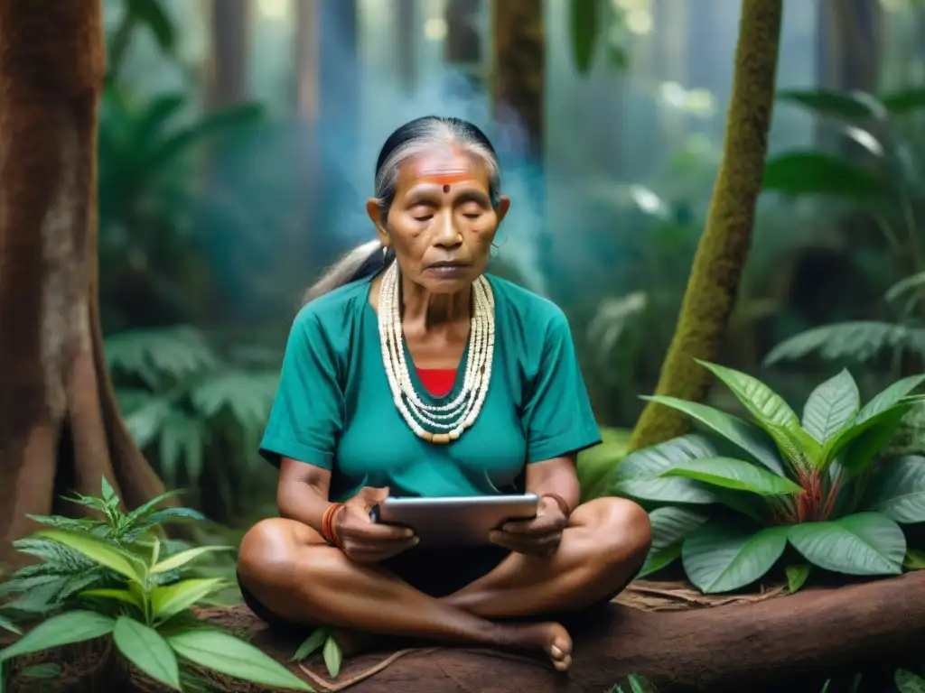 Anciana curandera indígena usando tablet en selva amazónica