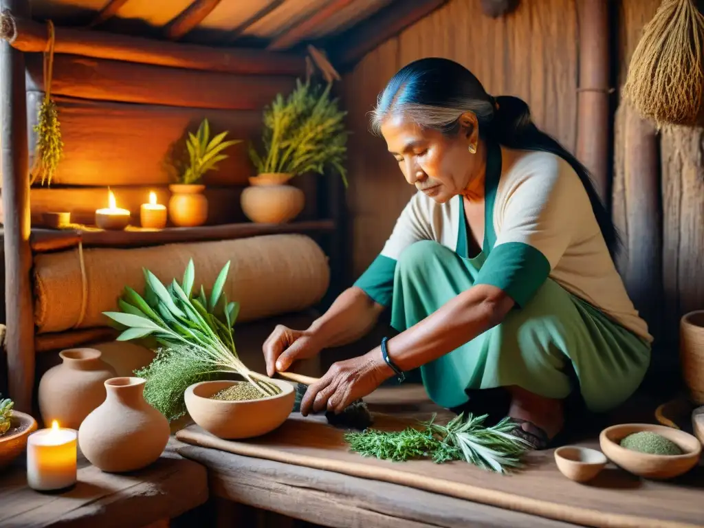 Anciana curandera preparando medicina herbal nativa en América en cabaña rústica iluminada por vela