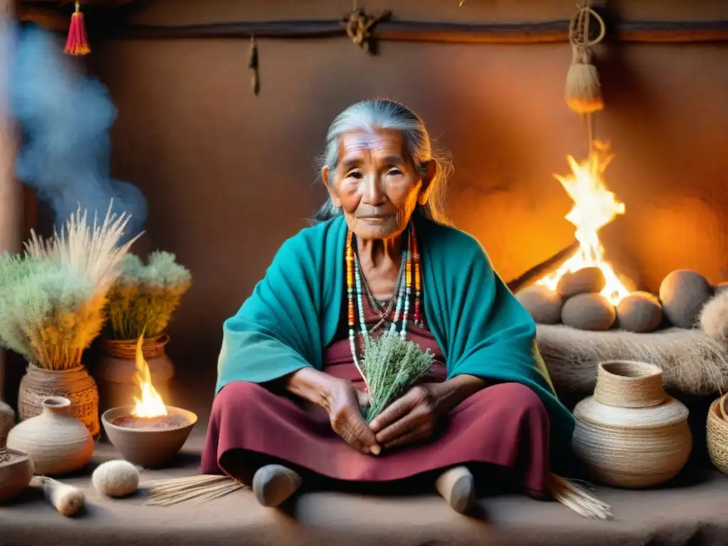 Anciana curandera Quechua realizando prácticas medicinales en adobe iluminado por fuego, oralidad ancestral