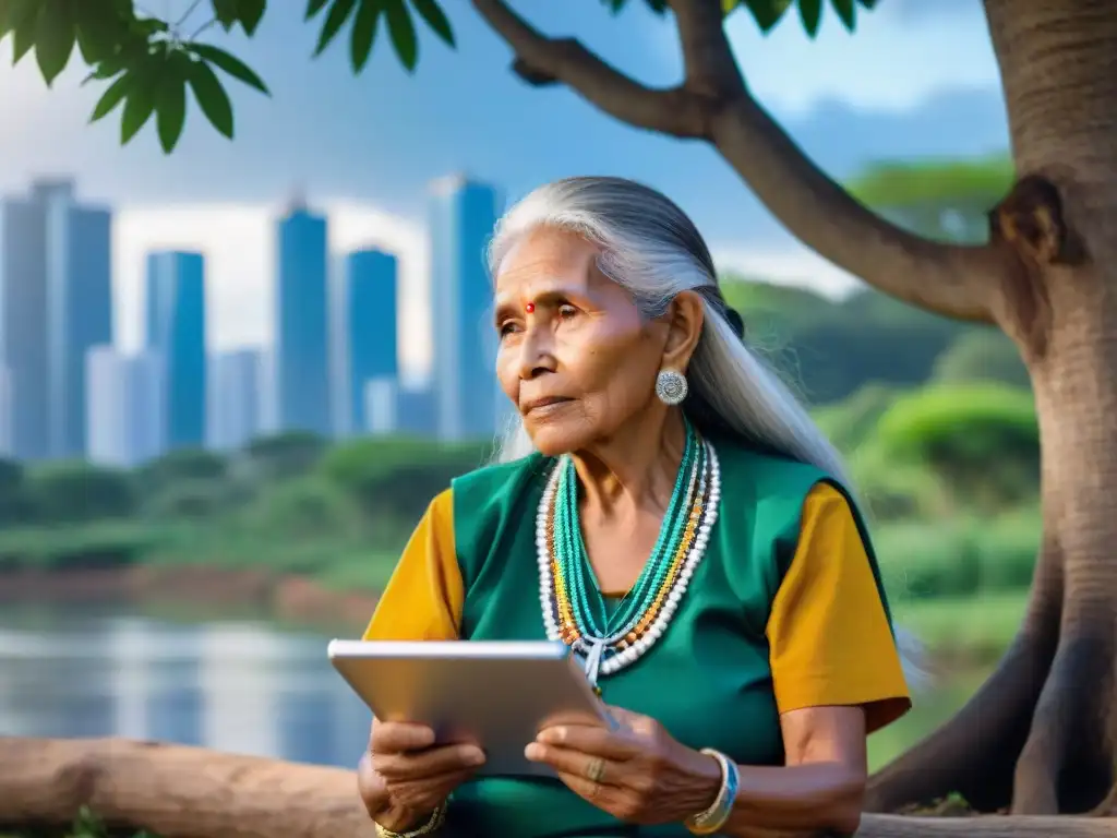 Una anciana guaraní estudia con determinación en un curso intensivo de guaraní online, bajo un árbol frondoso con la ciudad al fondo