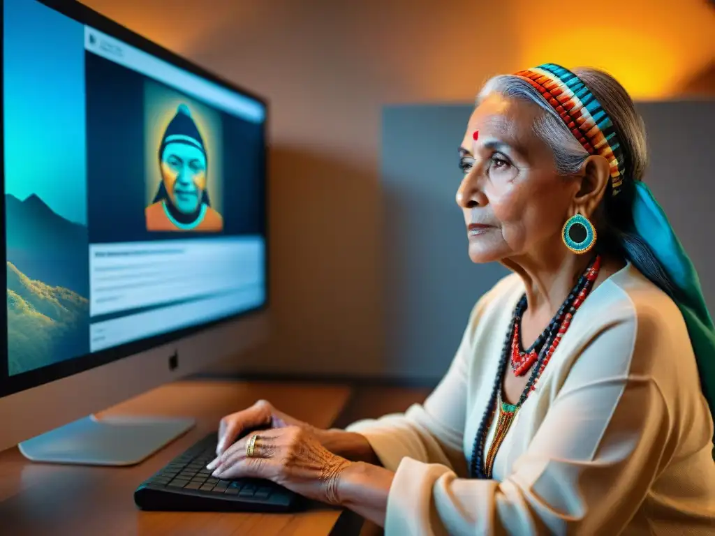 Anciana Cherokee observa danza tribal en biblioteca digital, fusionando lo tradicional con lo moderno