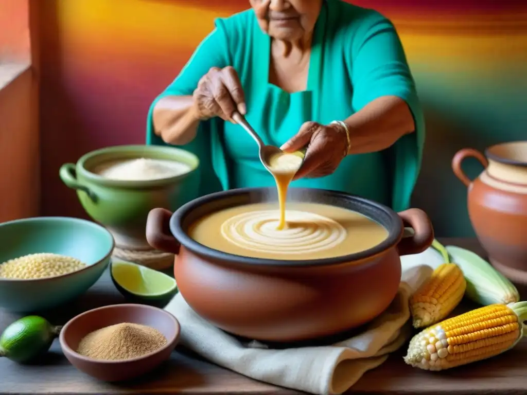 Una anciana experta remueve con maestría una olla de barro, preparando atole mexicano desde cero en una cocina tradicional