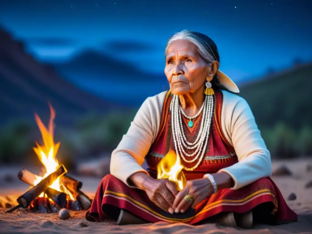 Una anciana indígena, adornada con joyas tradicionales, relata una historia junto a un fuego bajo el cielo nocturno