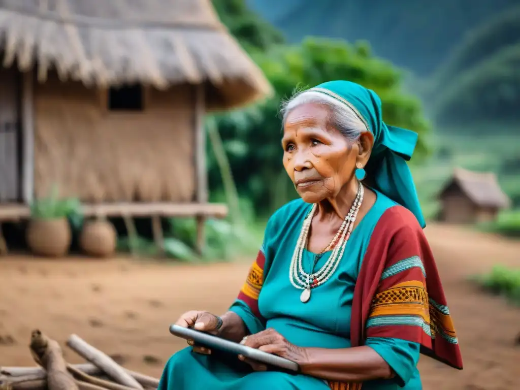 Una anciana indígena en una aldea remota usando una tableta para consulta de telemedicina