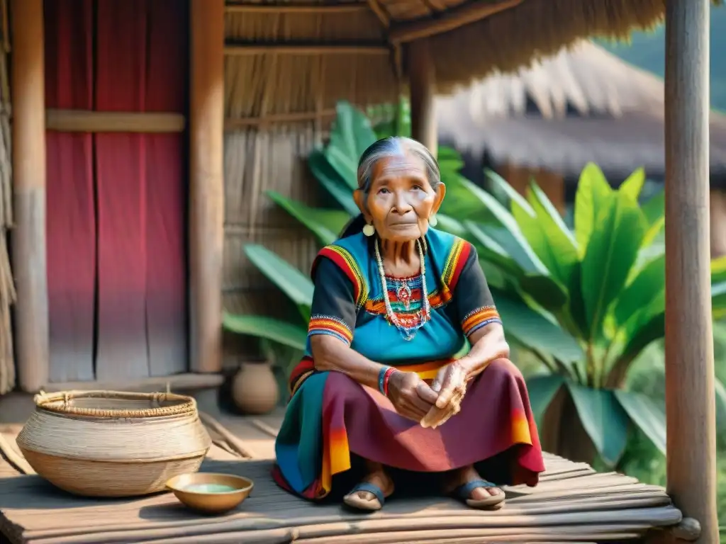 Anciana indígena tejiendo en aldea remota de América Central, destaca la importancia de preservar lenguas indígenas en peligro Américas