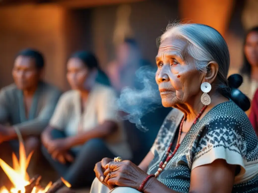 Una anciana indígena relata antiguas historias junto al fuego, rodeada de su familia, en un ambiente culturalmente significativo