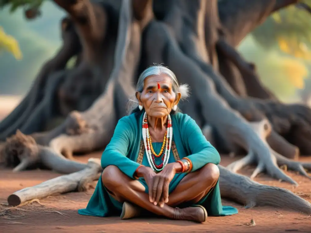 Una anciana indígena transmite sabiduría a niños bajo un árbol ancestral