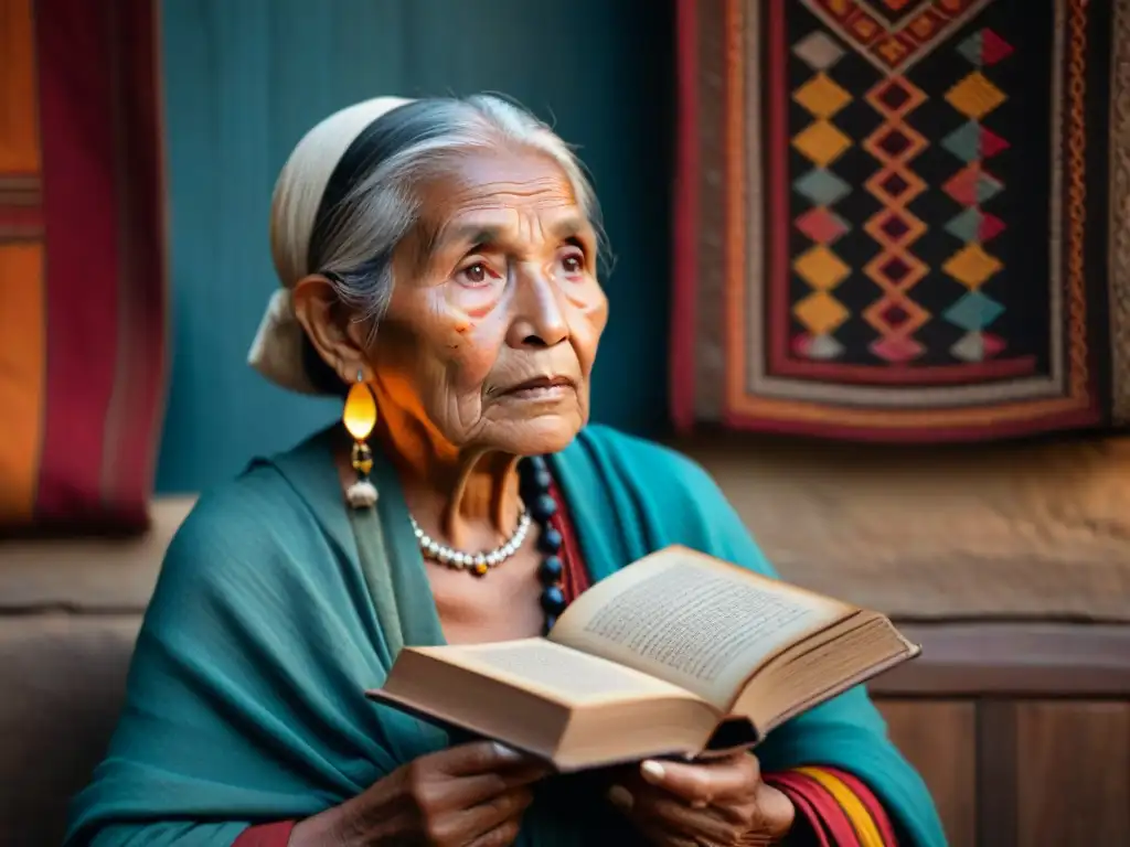 Una anciana indígena con arrugas profundas en su rostro, vistiendo atuendo tradicional, sostiene un libro