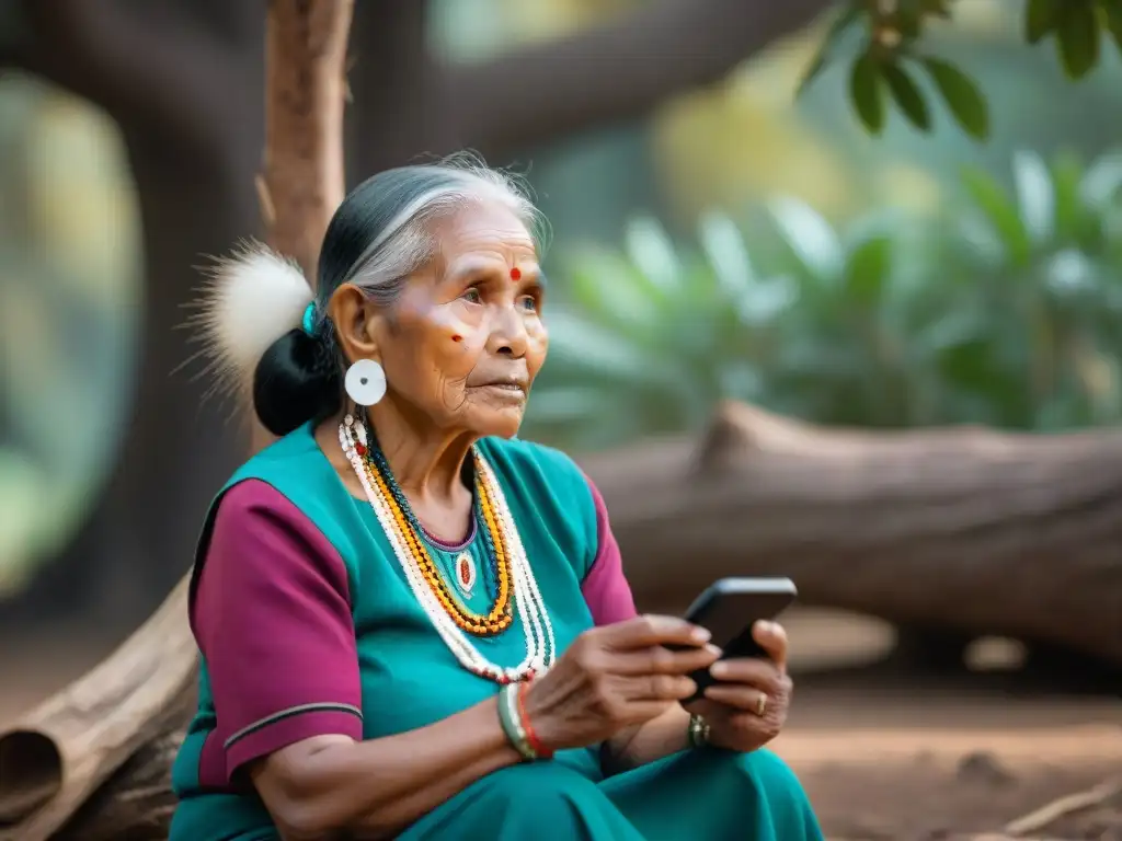 Una anciana indígena, ataviada con colorida ropa tradicional y delicadas cuentas, usa una aplicación móvil en su idioma nativo bajo un árbol frondoso