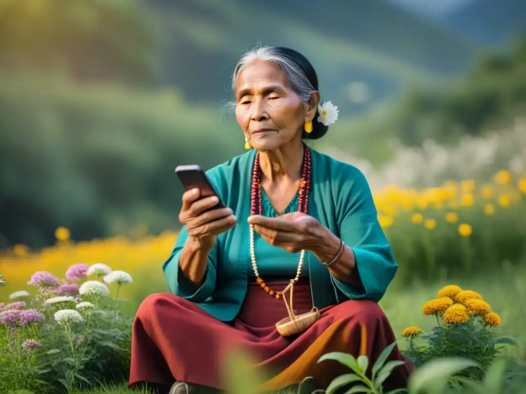 Anciana indígena con atuendo tradicional y smartphone, en campo de flores