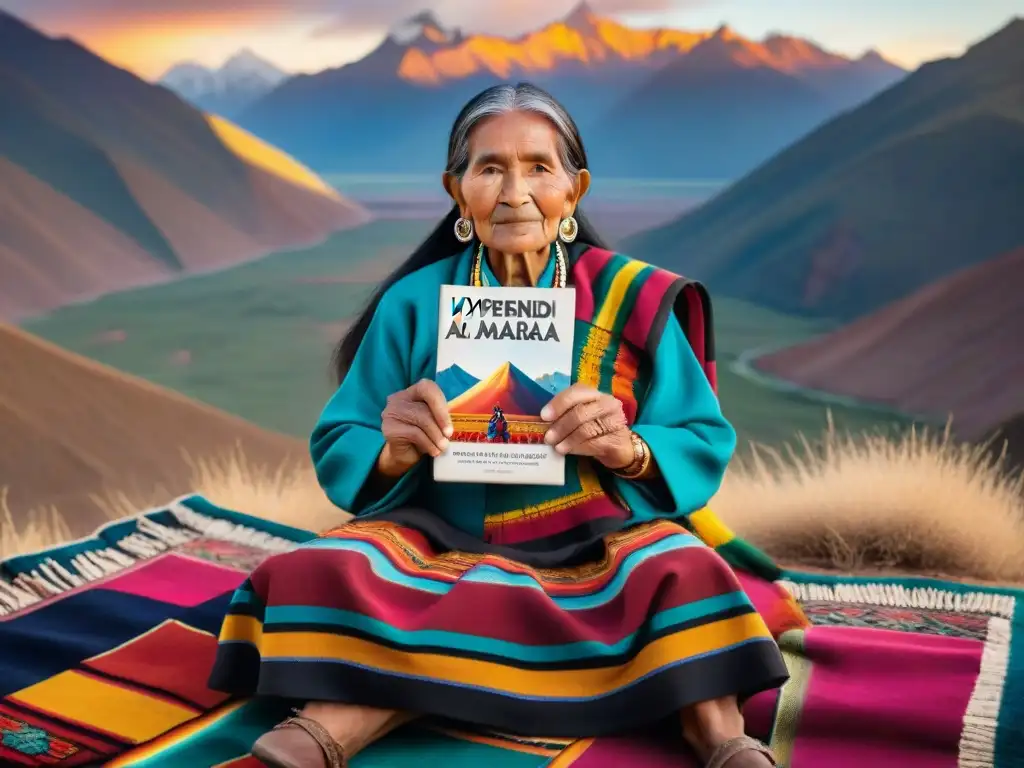 Una anciana indígena boliviana, sabia y colorida, aprendiendo aimara desde casa con vistas a los Andes al atardecer