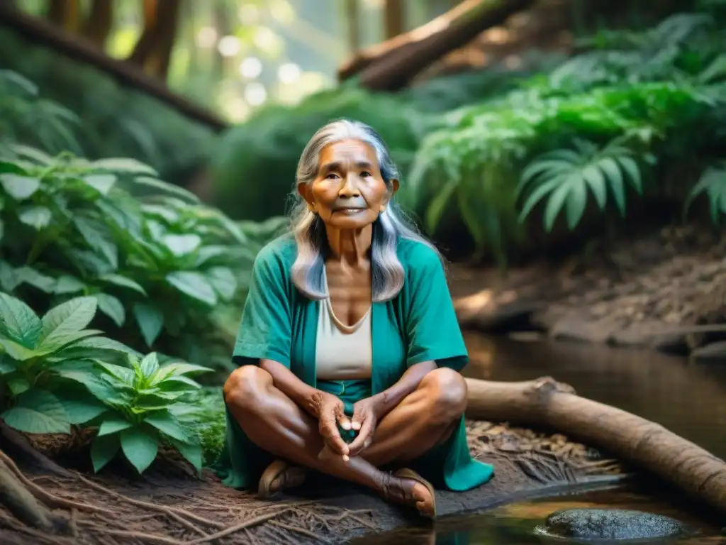 Anciana indígena en el bosque verde, clasificando plantas medicinales