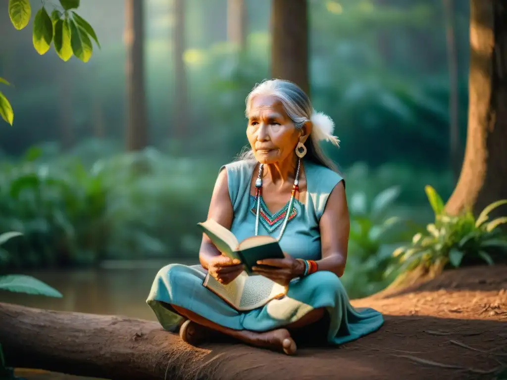 Anciana indígena con cabello plateado y vestimenta tradicional, recita palabras ancestrales en la naturaleza