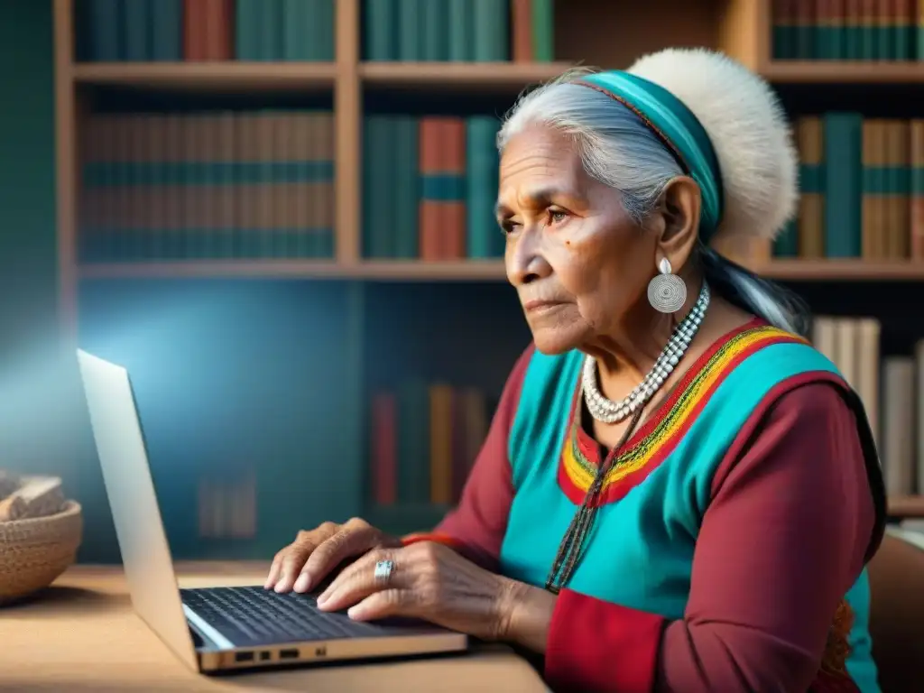 Preservando lenguas indígenas: la sabiduría digital de una anciana Una anciana indígena con cabello plateado, viste traje tradicional y usa una laptop en una habitación tenue