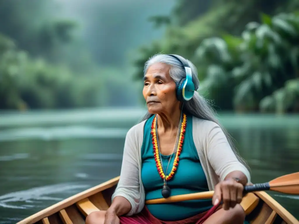 Anciana indígena en canoa con micrófono y auriculares, fusionando sabiduría ancestral y tecnología en 'Podcasts indígenas en la era digital'