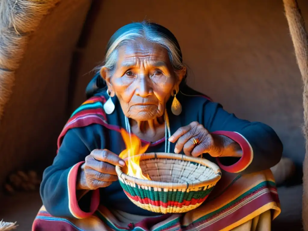 Una anciana indígena, custodia su cesta tejida, junto al fuego en su hogar de adobe, destacando la preservación de lenguas indígenas