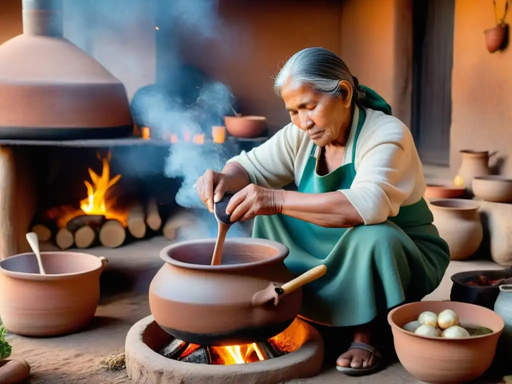 Una anciana indígena cocina a fuego lento en su cocina tradicional, conectando con sus raíces en cada plato