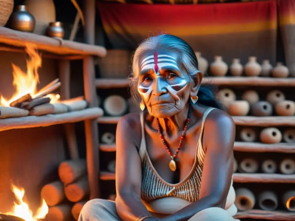 Una anciana indígena tejiendo una colorida historia en su hogar tradicional iluminado por el fuego, expresando resistencia espiritual