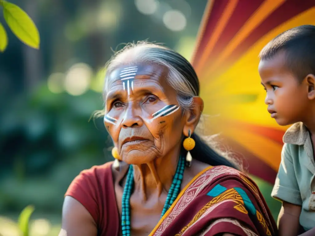 Una anciana indígena teje una colorida tela mientras jóvenes escuchan con reverencia