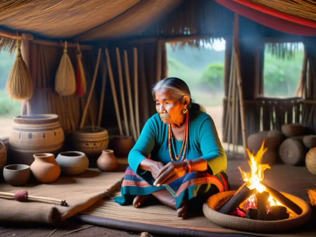 Una anciana indígena teje una colorida narrativa indígena de resistencia espiritual junto al fuego en una choza tradicional