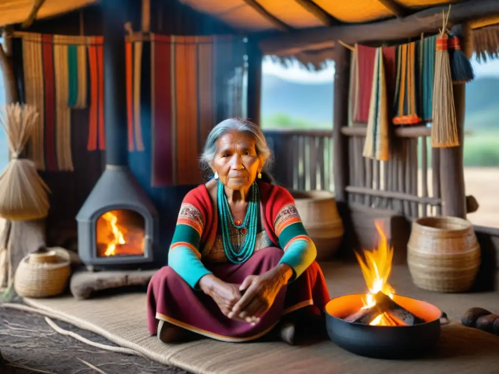 Una anciana indígena, tejiendo una colorida tapicería en una cabaña iluminada por fuego, comparte sabiduría con niños