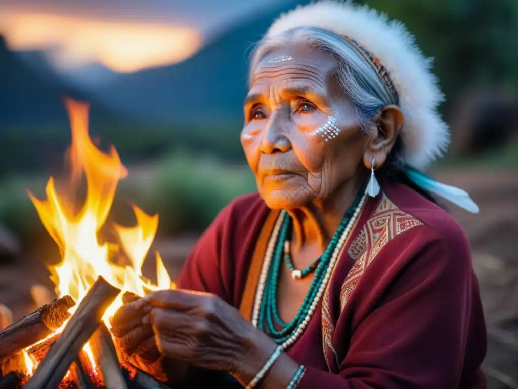 Una anciana indígena tejiendo una colorida tapicería junto al fuego, en un entorno natural, muestra la narrativa indígena de resistencia espiritual