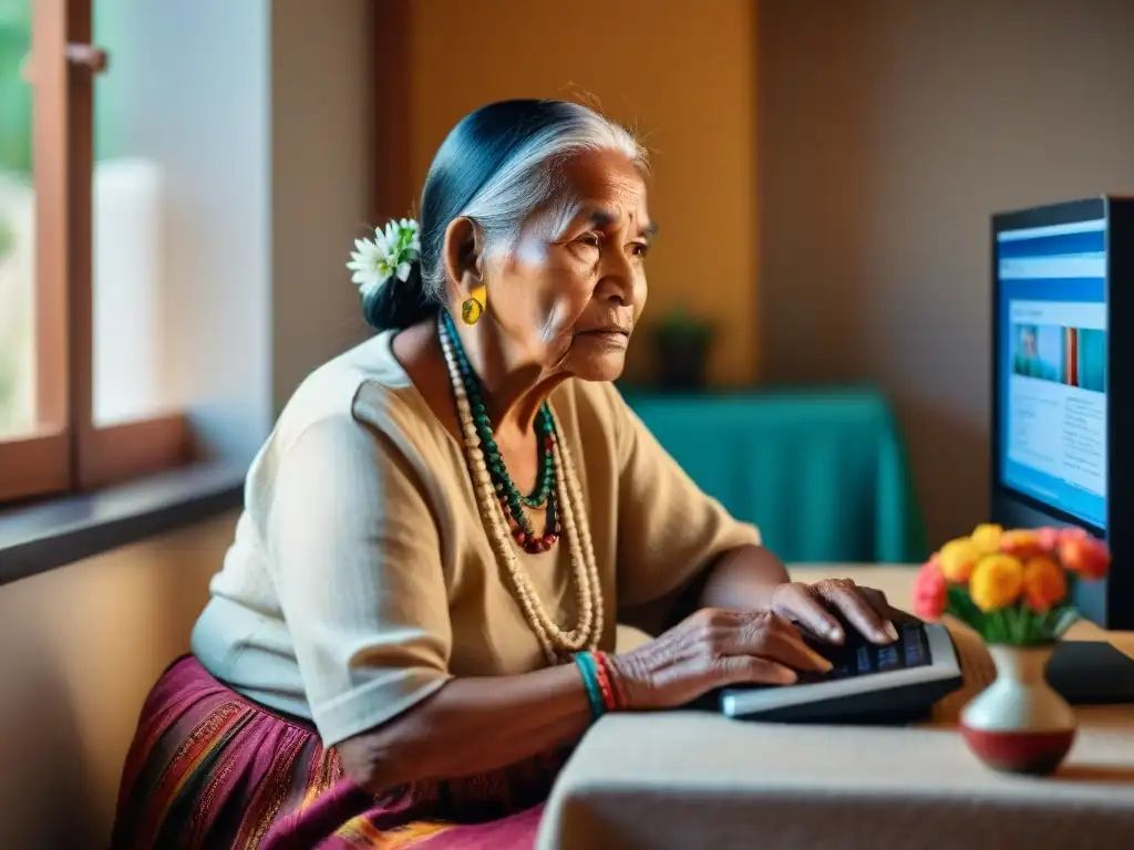 Anciana indígena concentrada en escribir frente a una computadora, en un ambiente tradicional lleno de color y luz solar