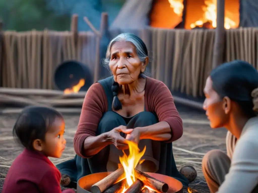 Una anciana indígena relata cuentos ancestrales junto a niños atentos alrededor del fuego