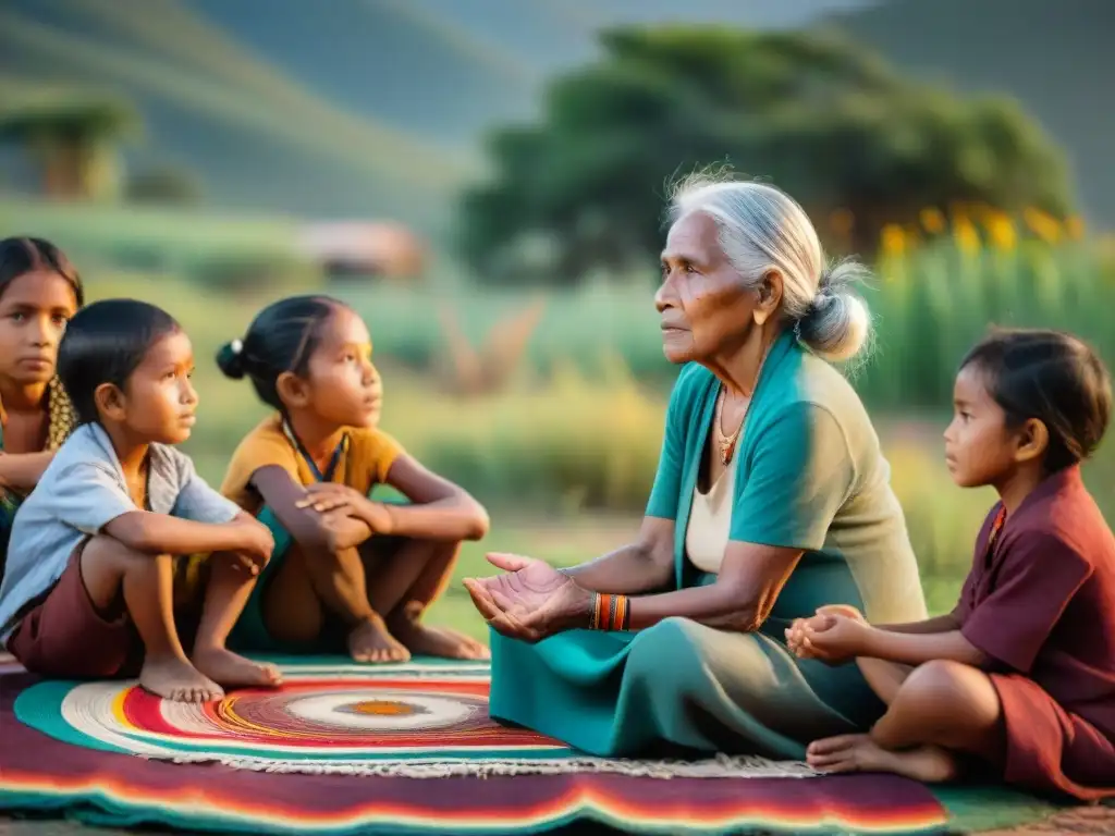 Una anciana indígena narra cuentos a niños en un entorno natural y acogedor