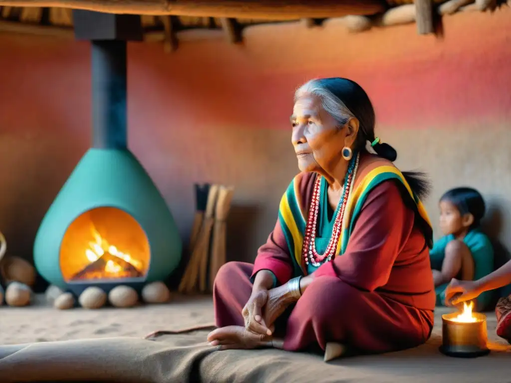 'Una anciana indígena relata cuentos a niños en una choza iluminada por el fuego, preservación lenguas indígenas mujeres'