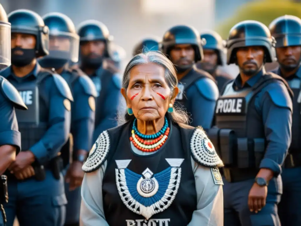 Anciana indígena desafiante frente a policía antidisturbios