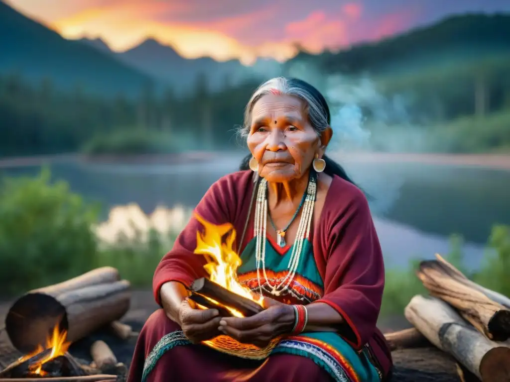 Una anciana indígena teje con destreza junto al fuego en la selva, capturando la preservación cultural cine indígena