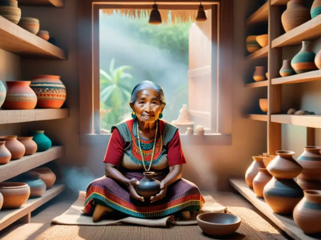 Artesanía ancestral: sabiduría tejida en colores vivos Una anciana indígena teje con destreza una pieza textil colorida, rodeada de arte y tradición de su comunidad
