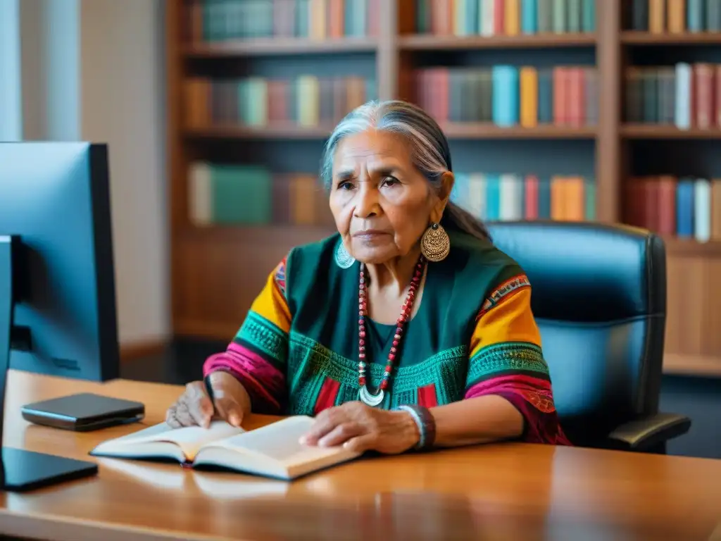 Una anciana indígena determinada frente al ordenador en un ambiente acogedor con libros y arte indígena