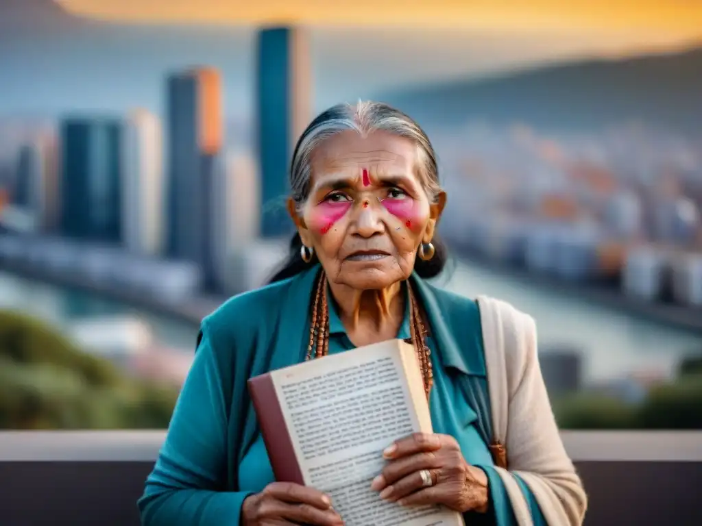 Anciana indígena llora abrazando diccionario, rodeada de artefactos lingüísticos y ciudad borrosa