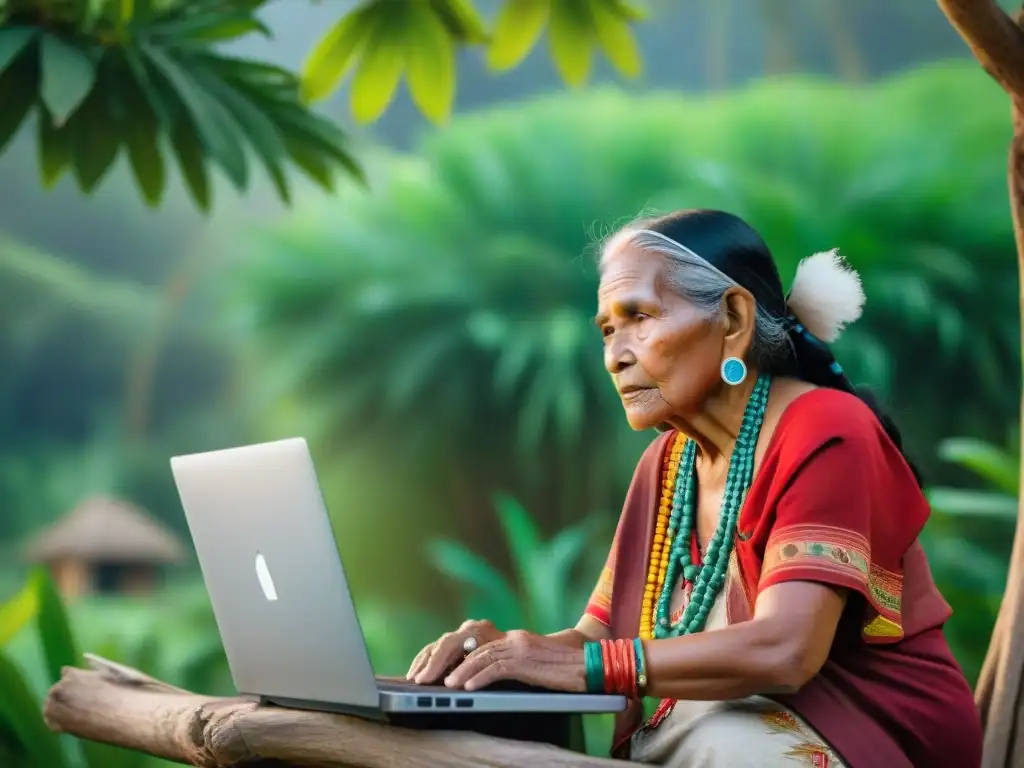 Una anciana indígena enseña alfabetización digital a un niño bajo la sombra de un árbol en la jungla