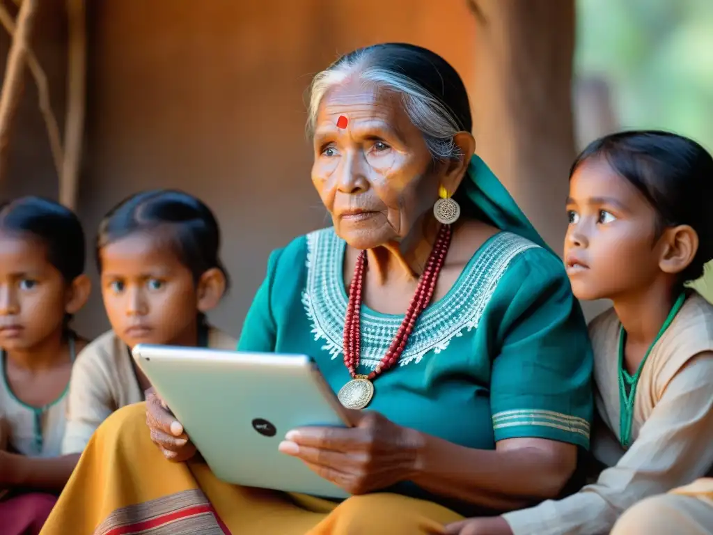 Una anciana indígena enseña alfabetización digital a niños en una comunidad remota