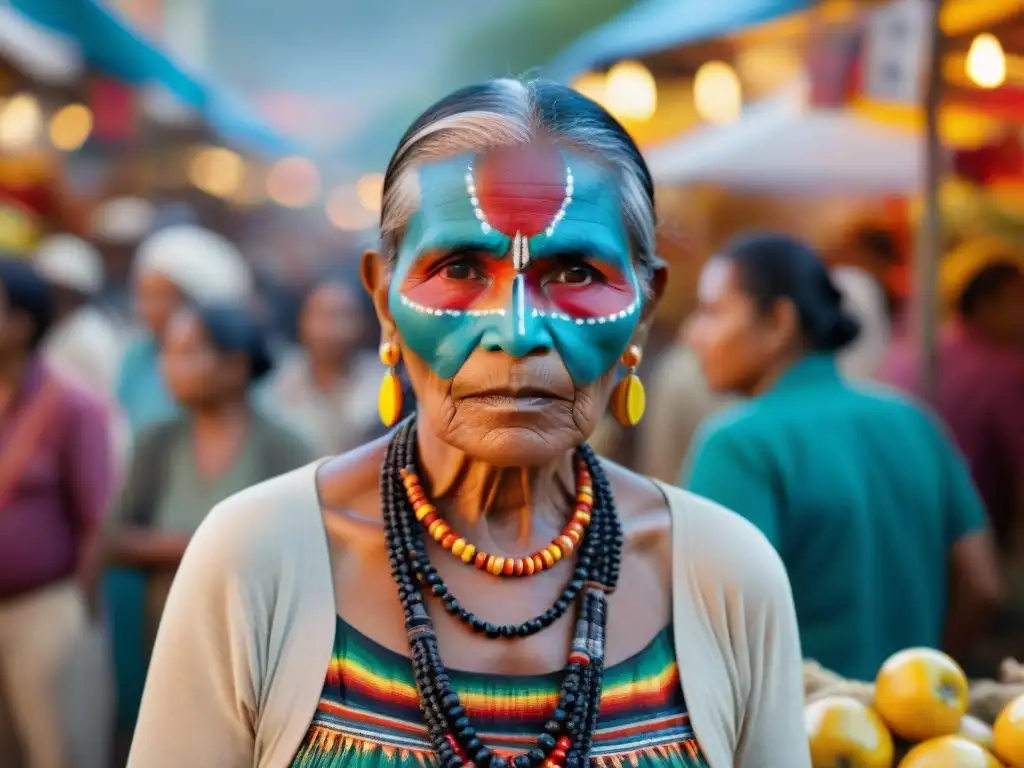 Anciana indígena empoderada en mercado diverso, desafiando discriminación, racismo y sexismo