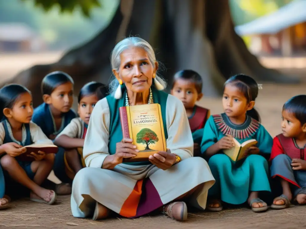 Una anciana indígena enseña a niños bajo un árbol, promoviendo la revitalización lingüística a través de la educación