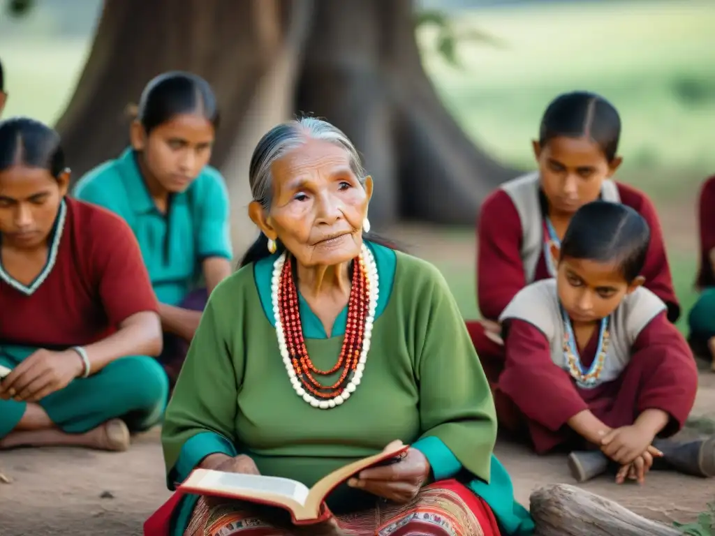 Una anciana indígena enseña a jóvenes estudiantes bajo un árbol, resaltando la importancia de la educación en su idioma nativo