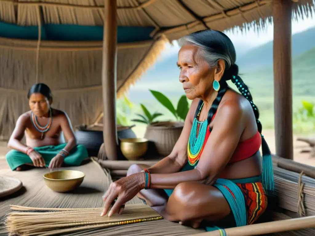 Una anciana indígena enseña a tejer a niños con tintes naturales, preservando la cultura en una comunidad remota