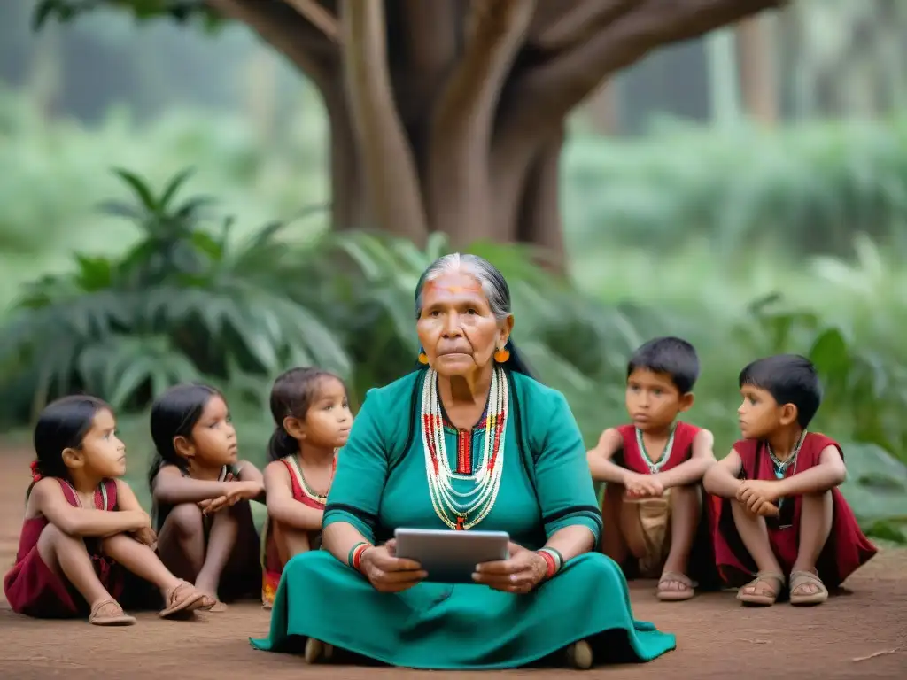 Una anciana indígena enseña a niños con apps de idiomas bajo un árbol, reflejando la educación bilingüe en comunidades indígenas