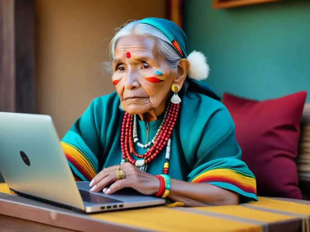 Anciana indígena fascinada por software de podcast en laptop, fusionando tradiciones antiguas con tecnología moderna