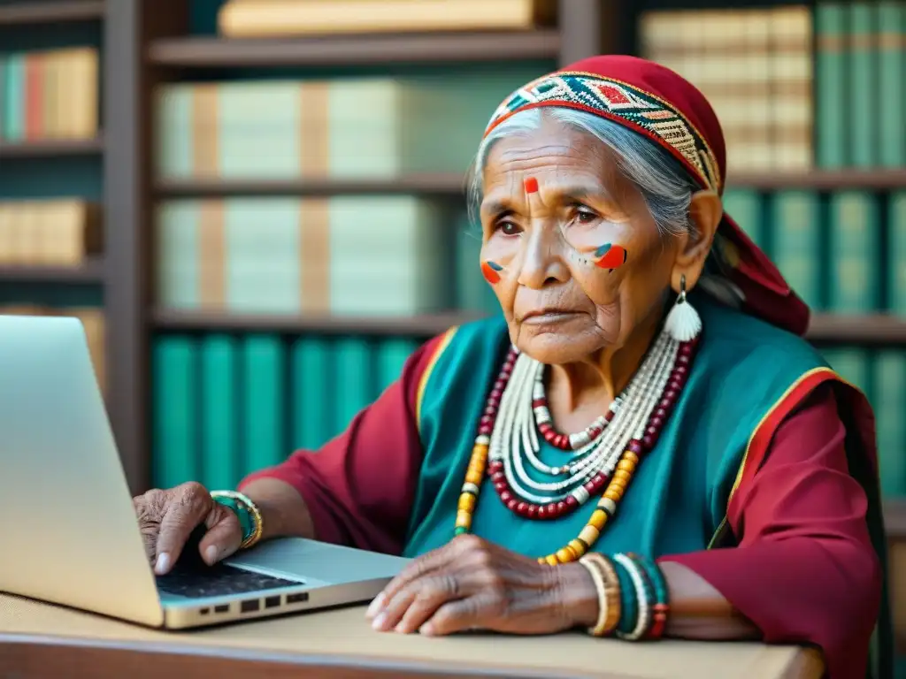 Anciana indígena frente a computadora, unión de sabiduría ancestral y tecnología