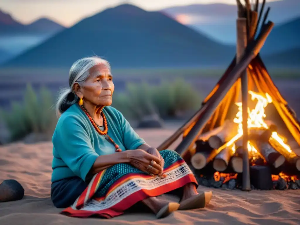 Una anciana indígena teje frente al fuego, mientras comparte historias con niños