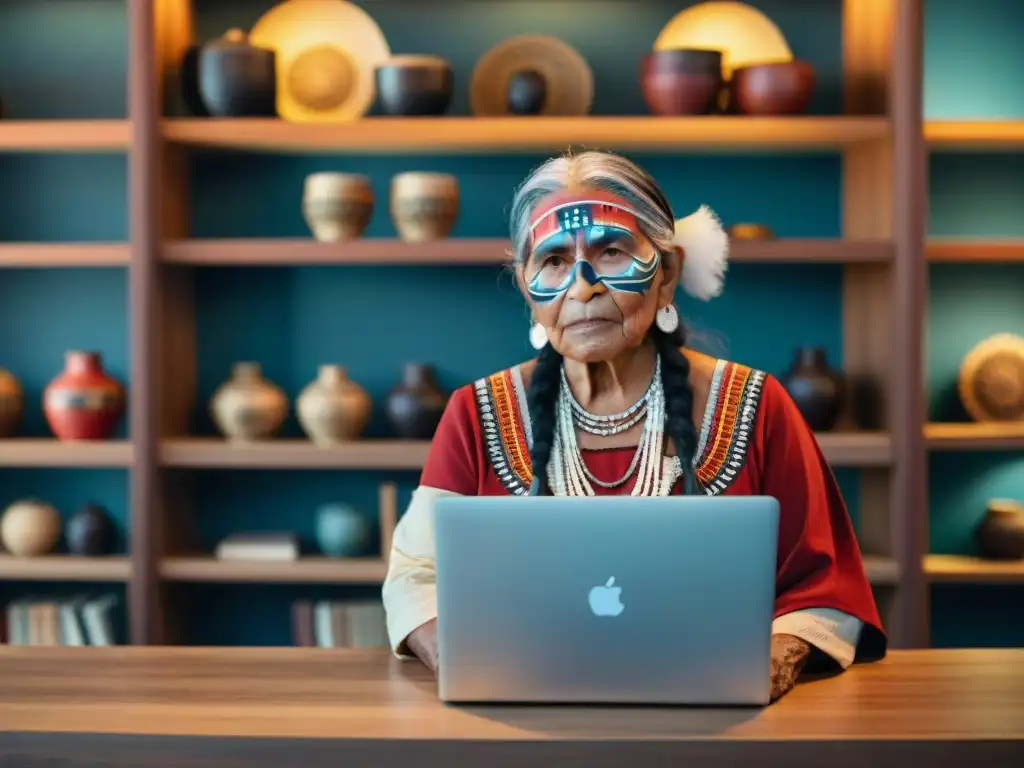 Anciana indígena frente a laptop, programa de preservación de lenguas indígenas en pantalla, fusionando tecnología y herencia