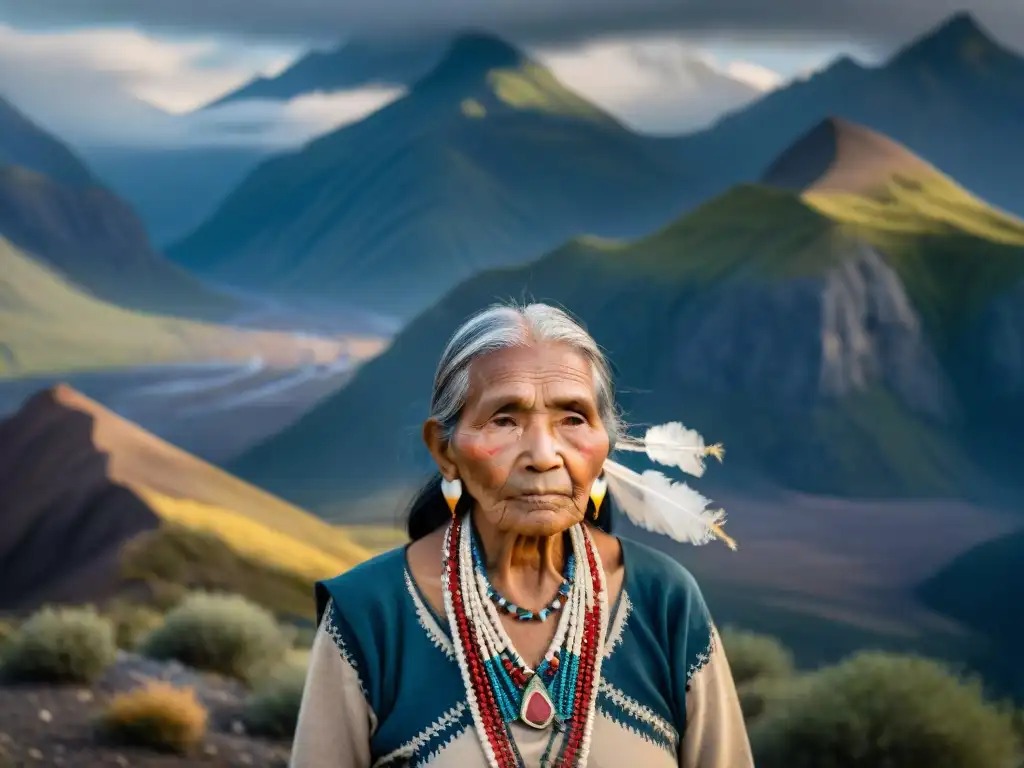 Anciana indígena frente a la majestuosa cordillera, reflejando la resistencia indígena frente a la colonización