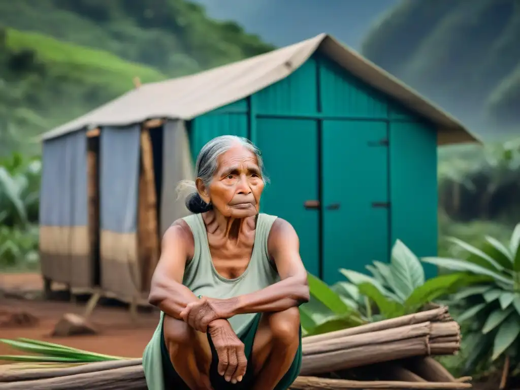 Anciana indígena frente a refugio en selva, reflejando lucha y tristeza de refugiados ambientales indígenas Américas