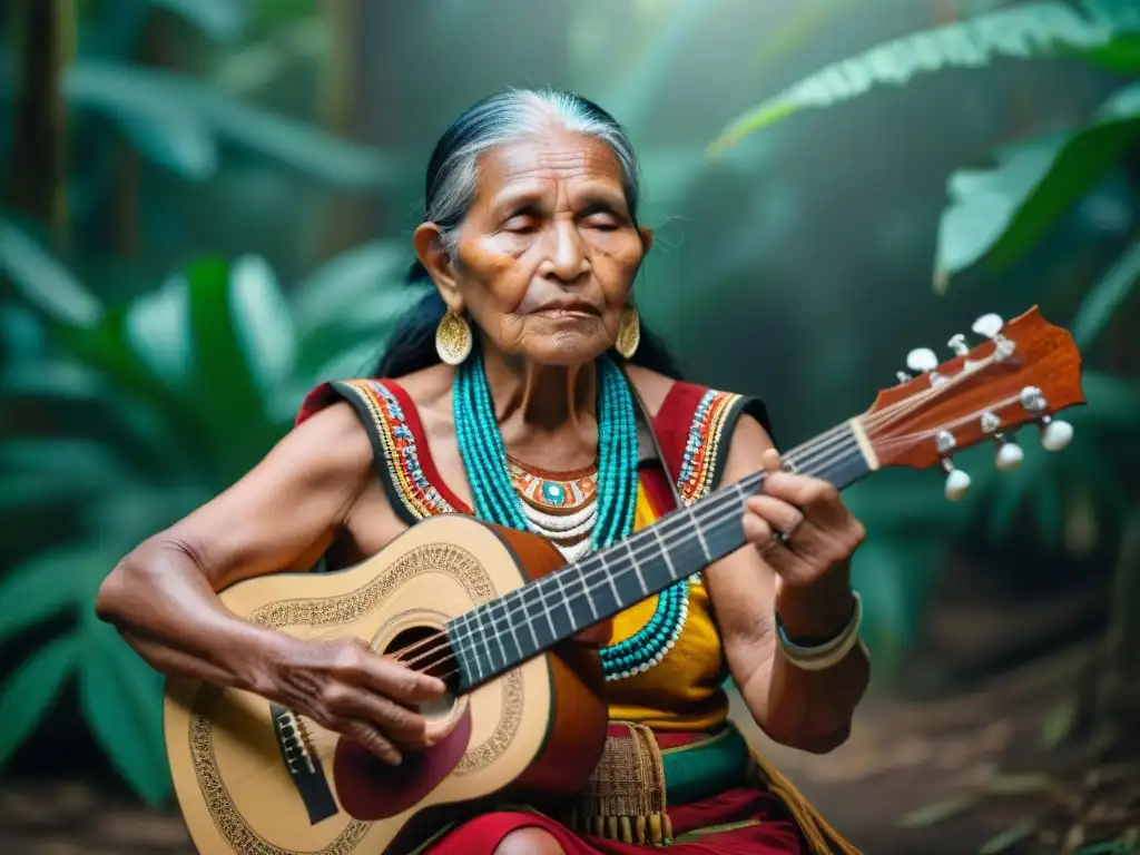 Una anciana indígena tocando una guitarra tradicional en la selva, resaltando la preservación de lenguas indígenas