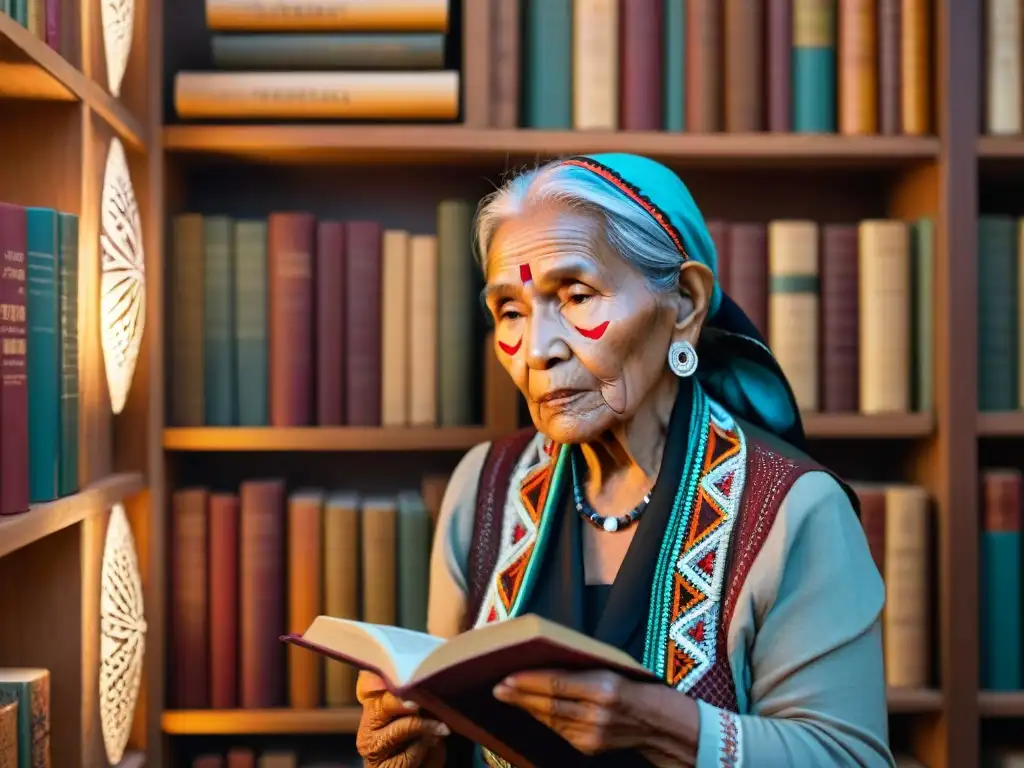 Una anciana indígena en una habitación llena de libros sobre lenguas indígenas, sosteniendo un diccionario decorado